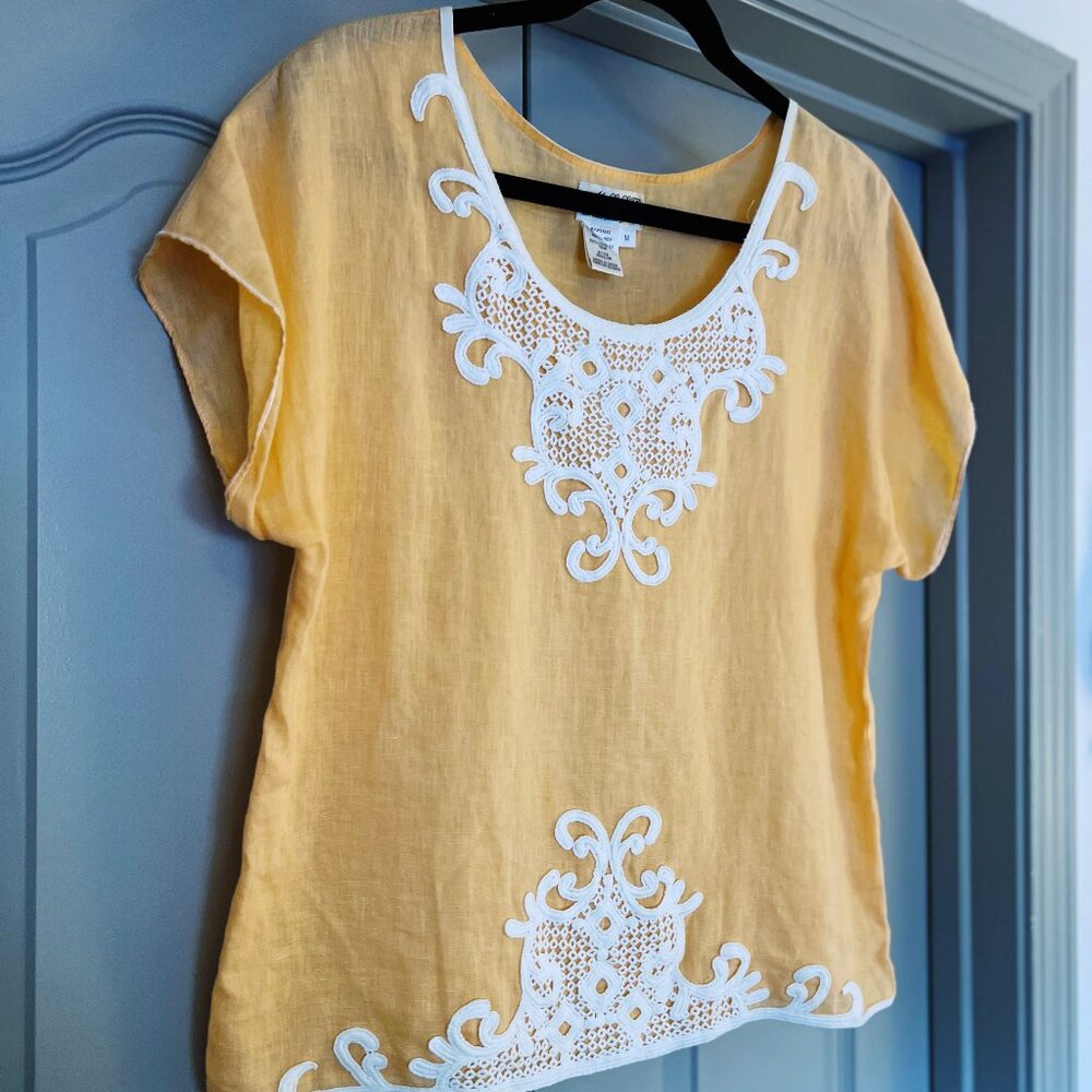 MSPP Peachy Orange Linen Embroidered Boho Top | M